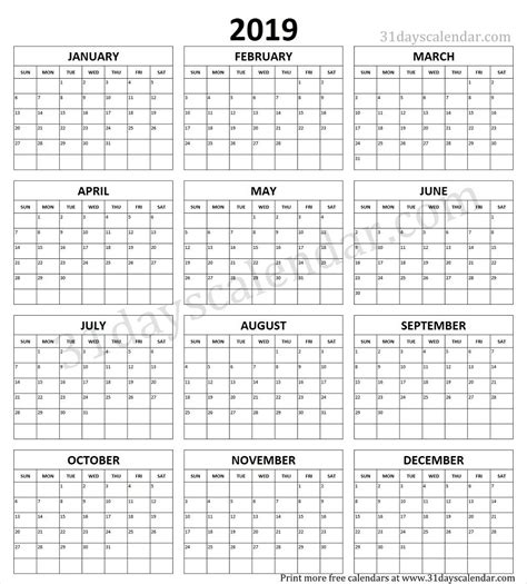 Year Calendar On One Page